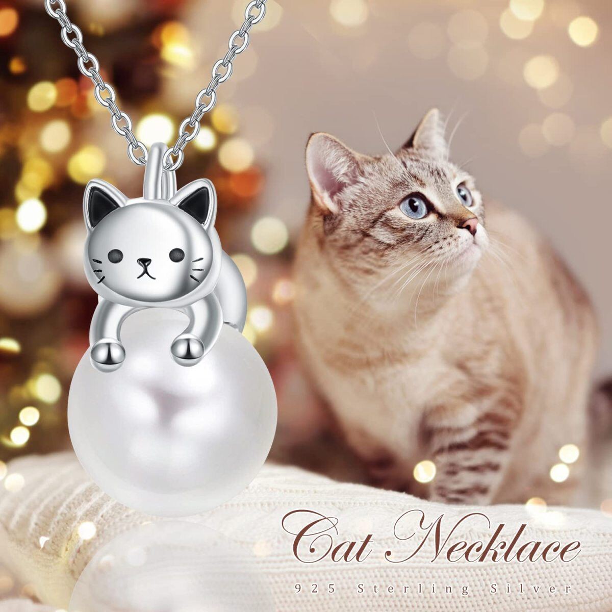 Sterling Silver Pearl Cat Pendant Necklace-6