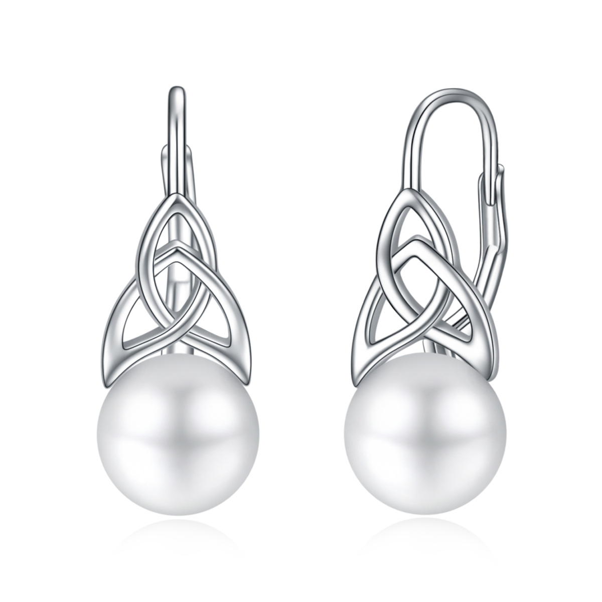 Sterling Silver Pearl Celtic Knot Lever-back Earrings-1