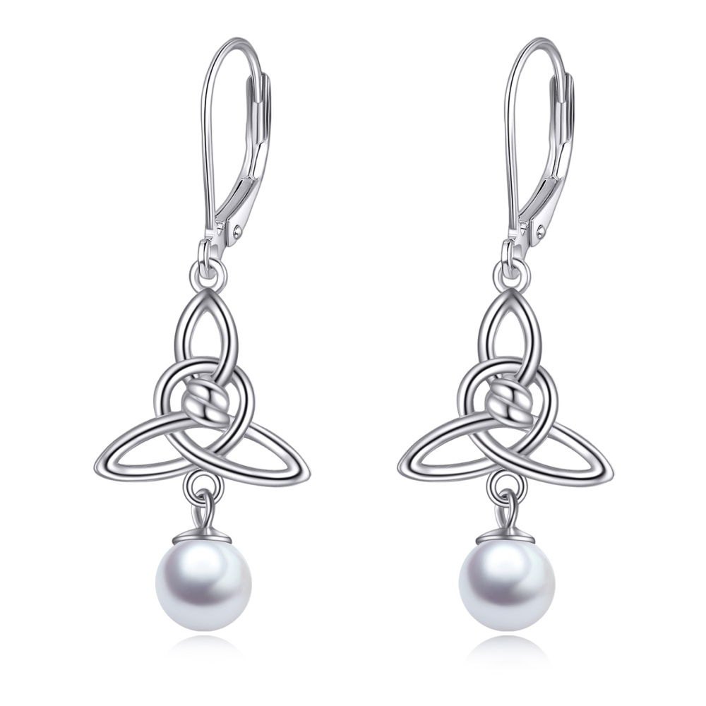 Sterling Silver Pearl Celtic Knot Lever-back Earrings-1