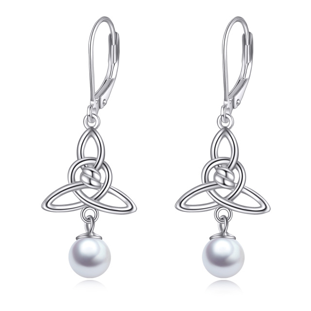 Sterling Silver Pearl Celtic Knot Lever-back Earrings-1