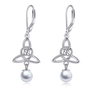 Sterling Silver Pearl Celtic Knot Lever-back Earrings-31