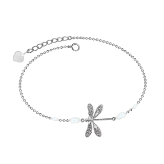 Sterling Silver Pearl Dragonfly Single Layer Charm Anklet-7