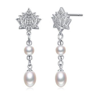 Sterling Silver Oval Pearl Lotus Drop Earrings for Women-42