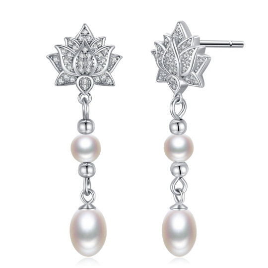 Sterling Silver Oval Pearl Lotus Drop Earrings for Women