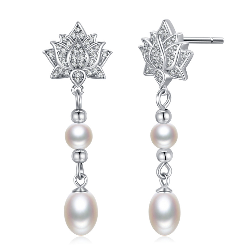 Brincos de gota de lótus de pérola oval de prata esterlina para mulheres-17