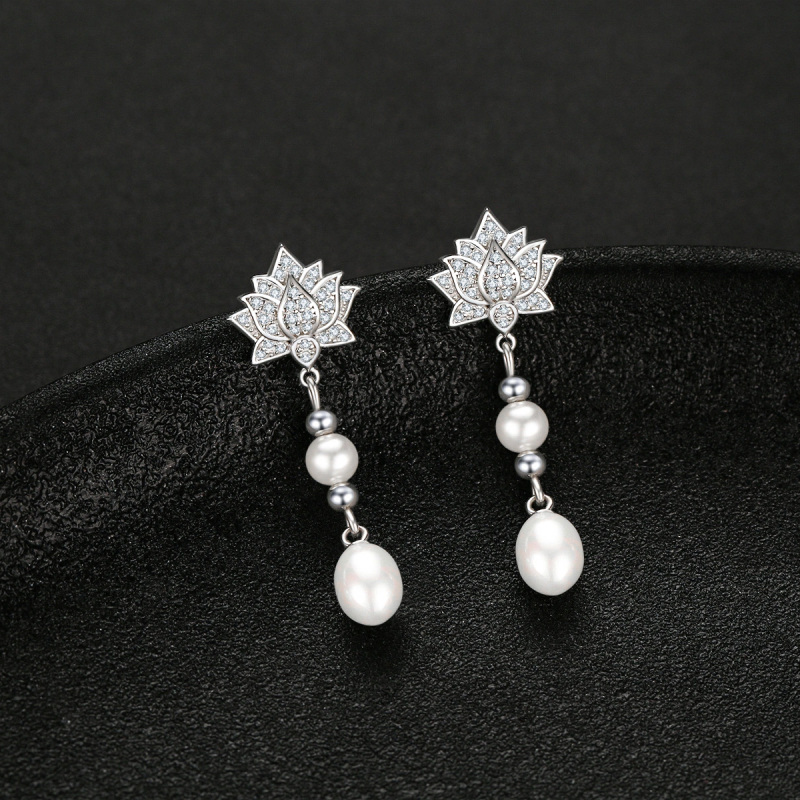 Sterling Silver Oval Pearl Lotus Drop Earrings for Women-3