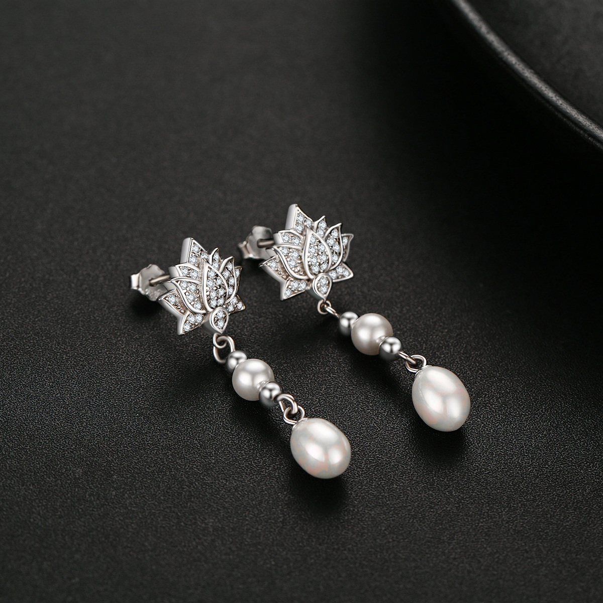 Boucles d'oreilles pendantes en argent sterling avec perles ovales et lotus pour femmes-4