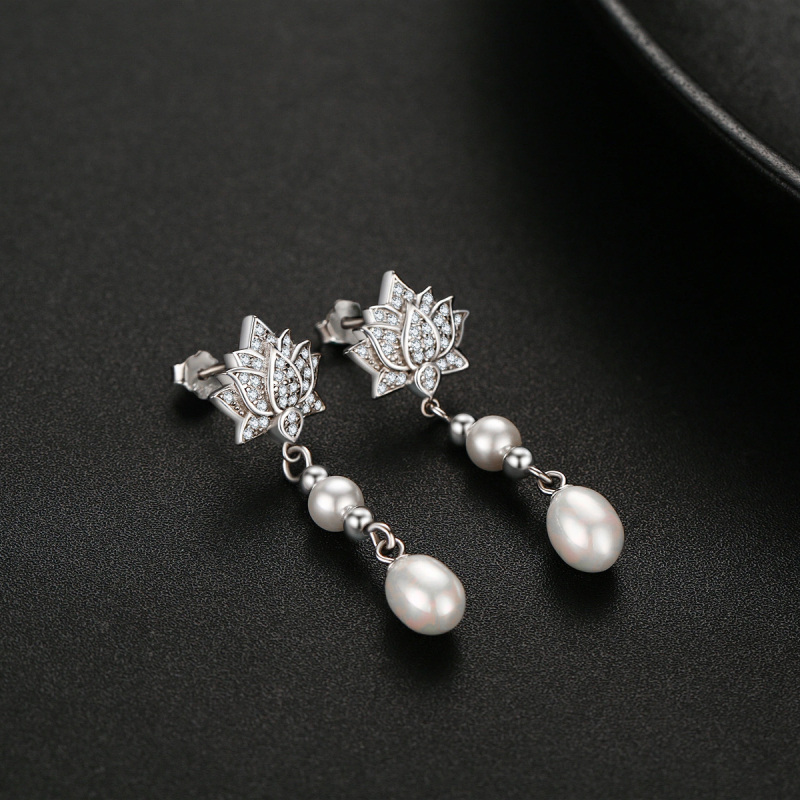 Sterling Silver Oval Pearl Lotus Drop Earrings for Women-4