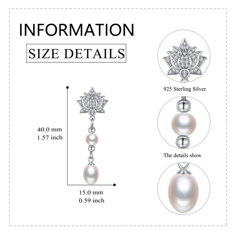 Sterling Silver Oval Pearl Lotus Drop Earrings for Women-5