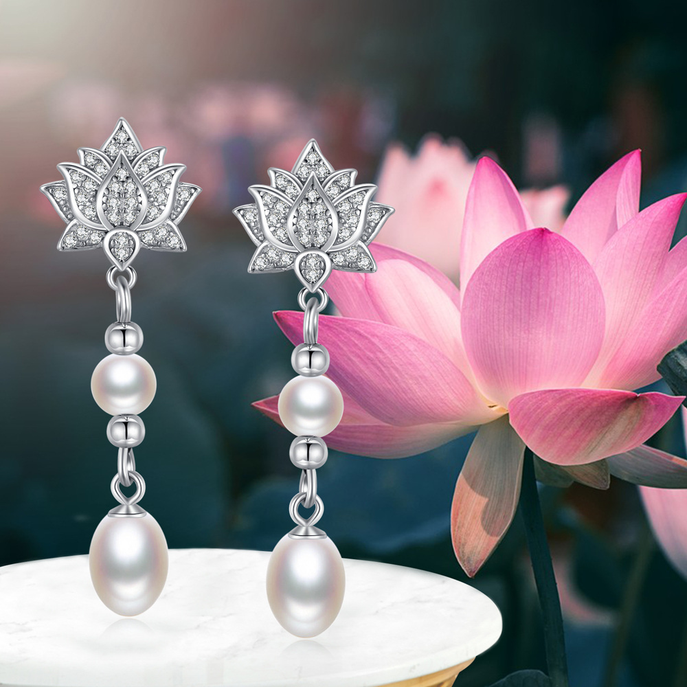 Boucles d'oreilles pendantes en argent sterling avec perles ovales et lotus pour femmes-6