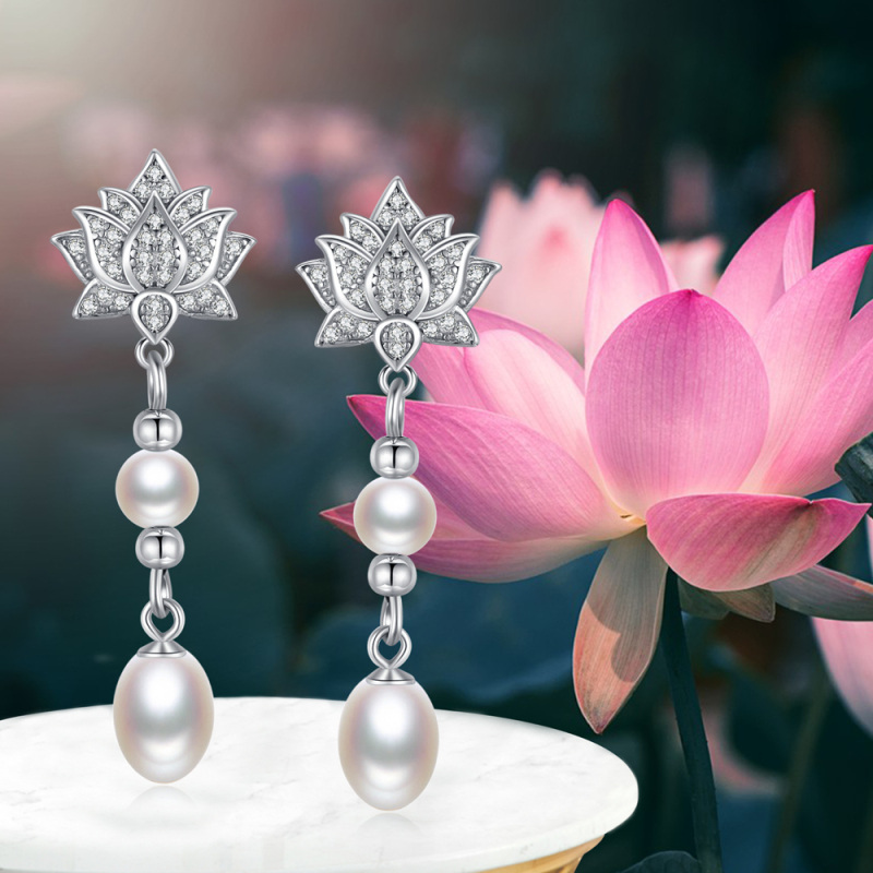 Sterling Silver Oval Pearl Lotus Drop Earrings for Women-6