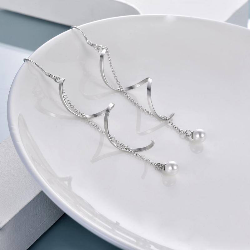 Sterling Silver Circular Shaped Pearl Drop Earrings-4