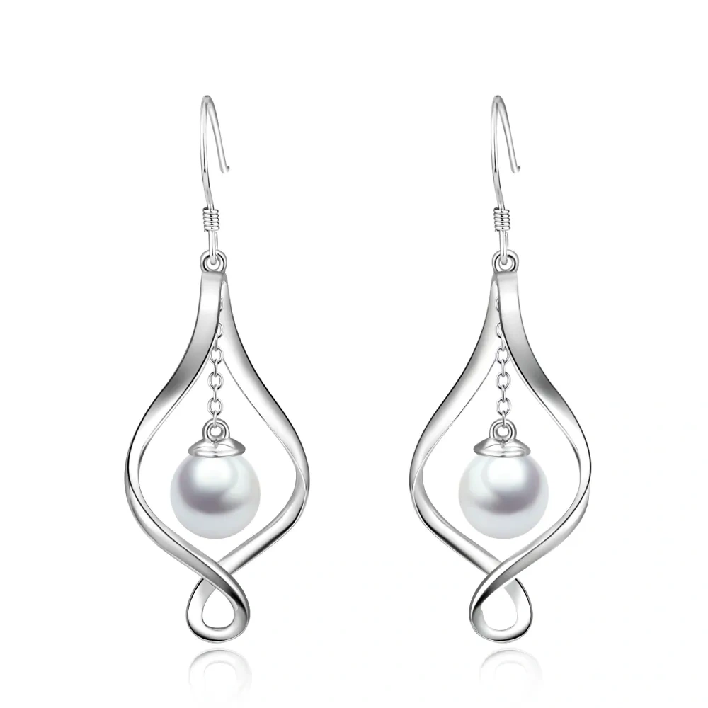 Pendientes colgantes con símbolo de infinito y perla en plata de ley para mujer-1