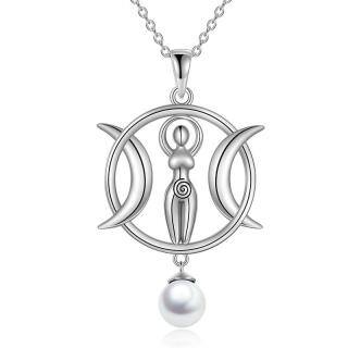 Sterling Silver Pearl Moon Pendant Necklace-4