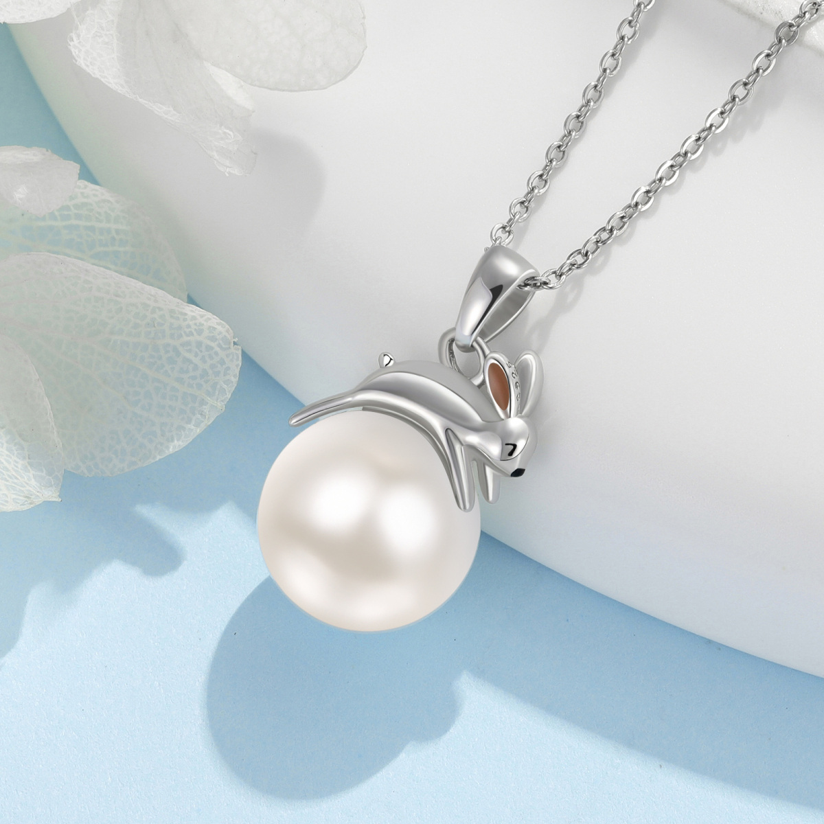 Sterling Silver Pearl Rabbit Pendant Necklace-3