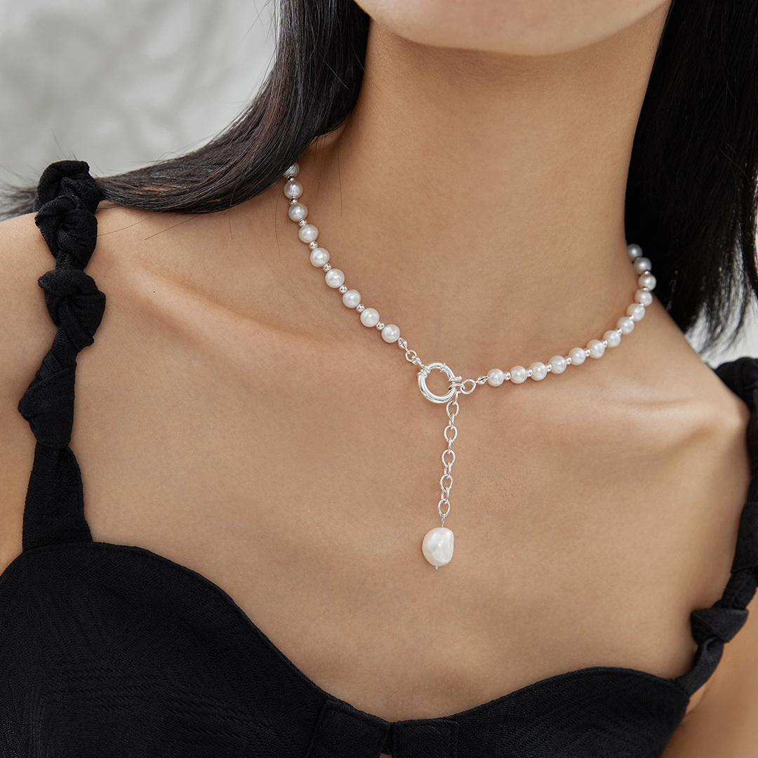 Sterling Silver Pearl Round Metal Choker Necklace-2