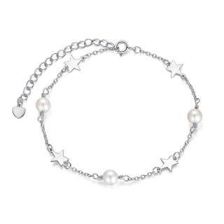 Sterling Silver Pearl Star Single Layer Anklet-5