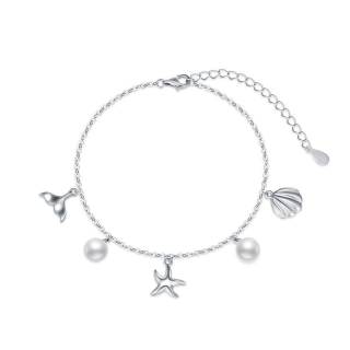 Sterling Silver Pearl Starfish Pendant Bracelet-5