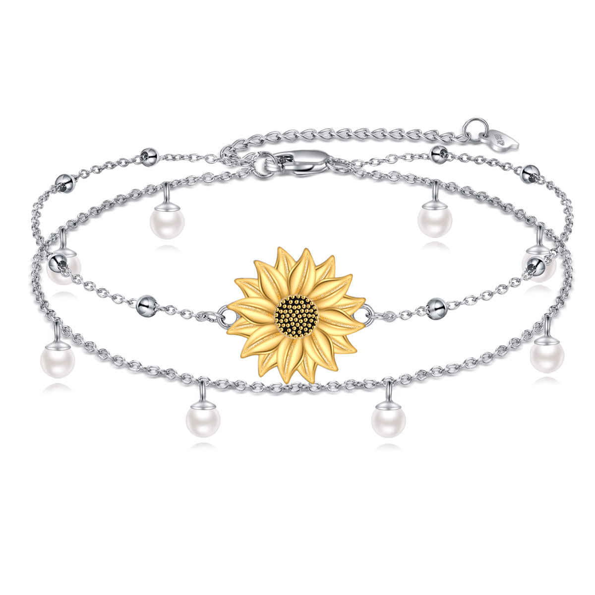 Bracelet de cheville multicouche en argent sterling avec perles et tournesol-1