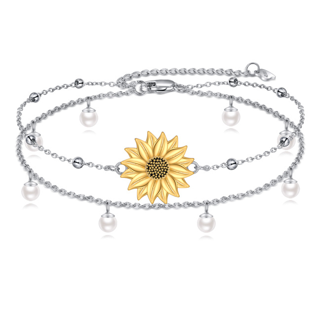 Sterling Silver Pearl Sunflower Multi-layered Anklet