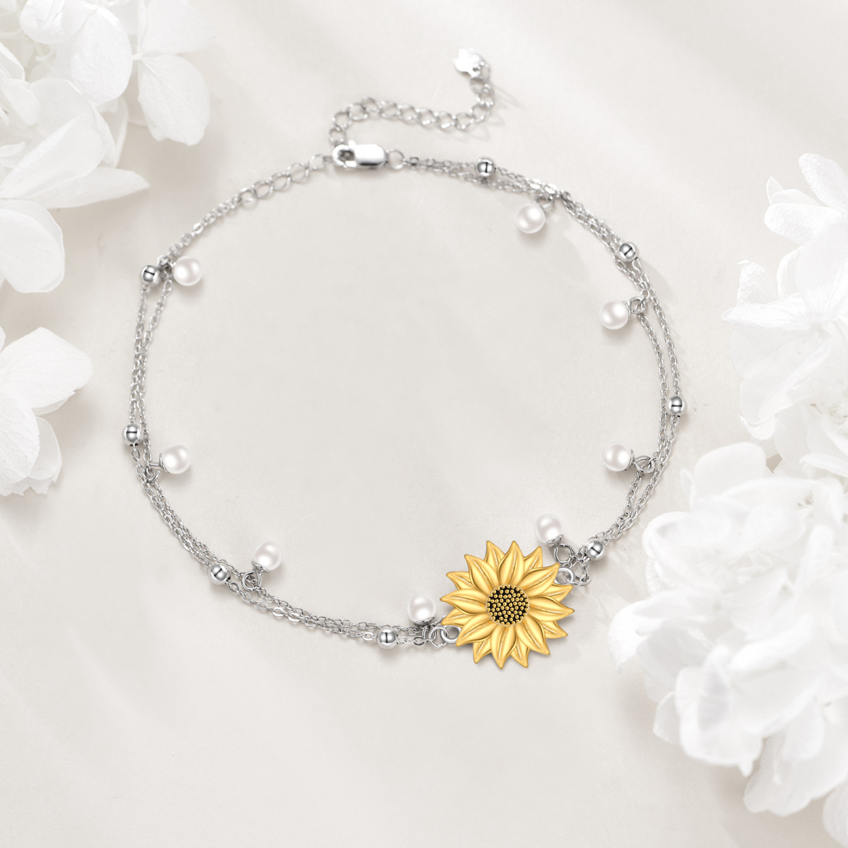 Sterling Silver Pearl Sunflower Multi-layered Anklet-3