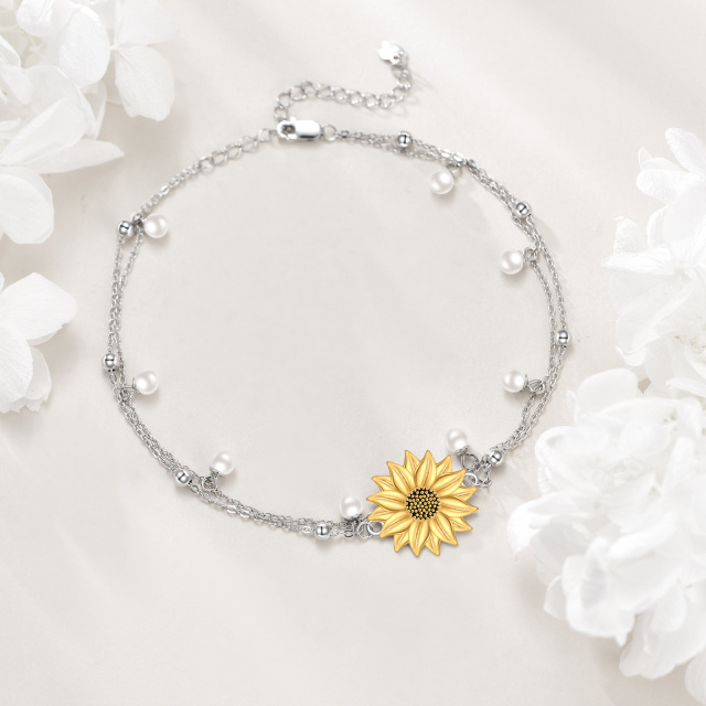 Sterling Silver Pearl Sunflower Multi-layered Anklet-3