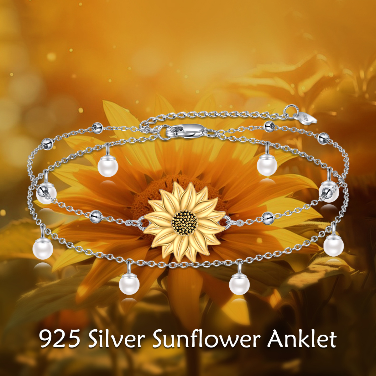 Sterling Silber Perlen Sonnenblume Mehrlagiges Fußkettchen-6