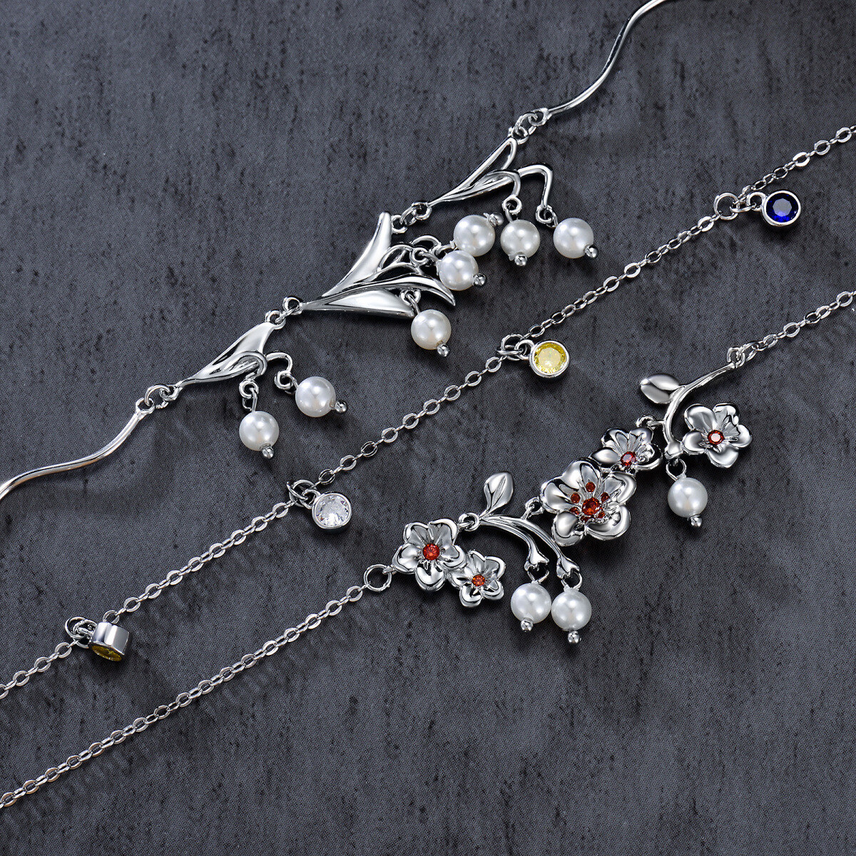 Sterling Silver Pearl Wildflowers Layered Necklace-3