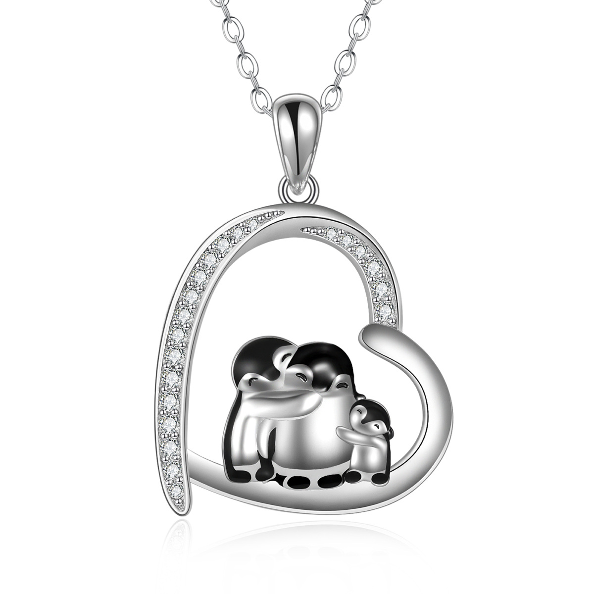 Collar Colgante Corazón Familia Pingüino de Plata de Ley y Circonita Cúbica-1