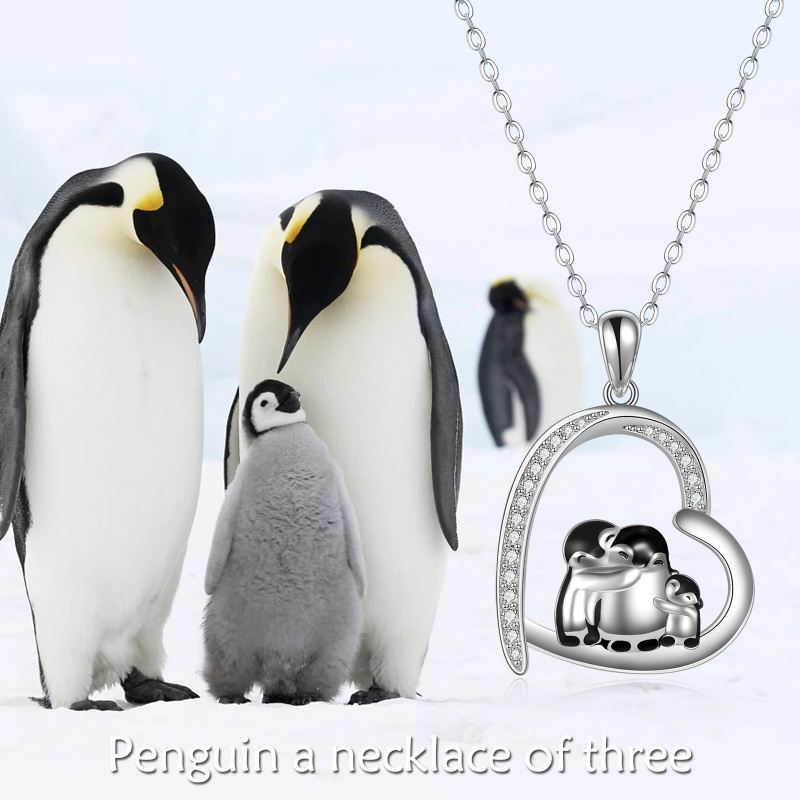 Sterling Silver Cubic Zirconia Penguin Family Heart Pendant Necklace-2