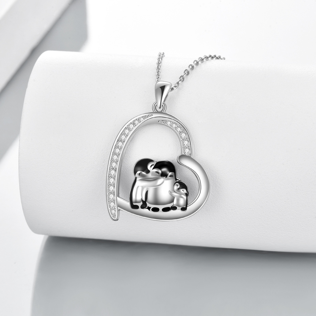 Collar Colgante Corazón Familia Pingüino de Plata de Ley y Circonita Cúbica-4