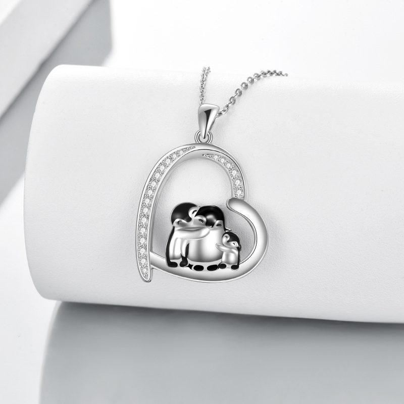 Sterling Silver Cubic Zirconia Penguin Family Heart Pendant Necklace-4