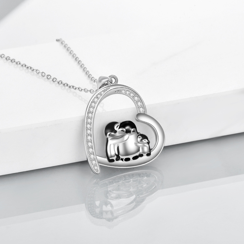 Sterling Silver Cubic Zirconia Penguin Family Heart Pendant Necklace-5