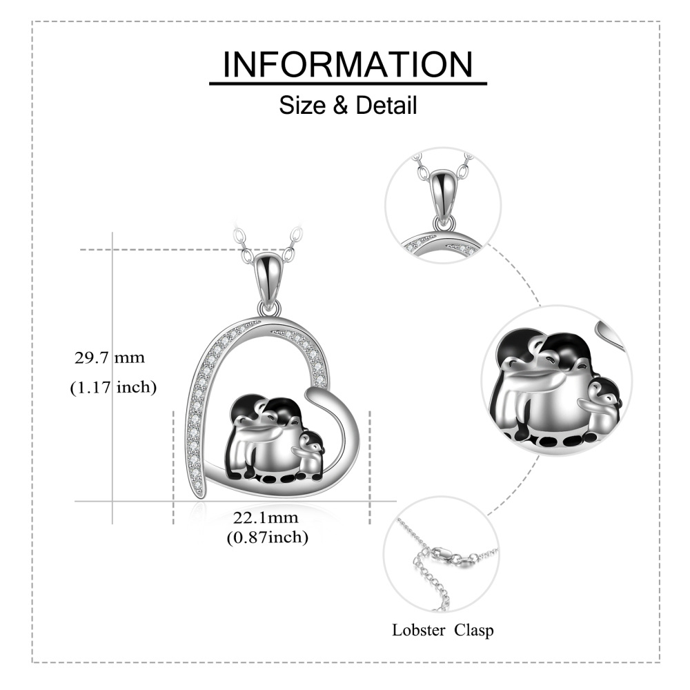 Sterling Silver Cubic Zirconia Penguin Family Heart Pendant Necklace-6