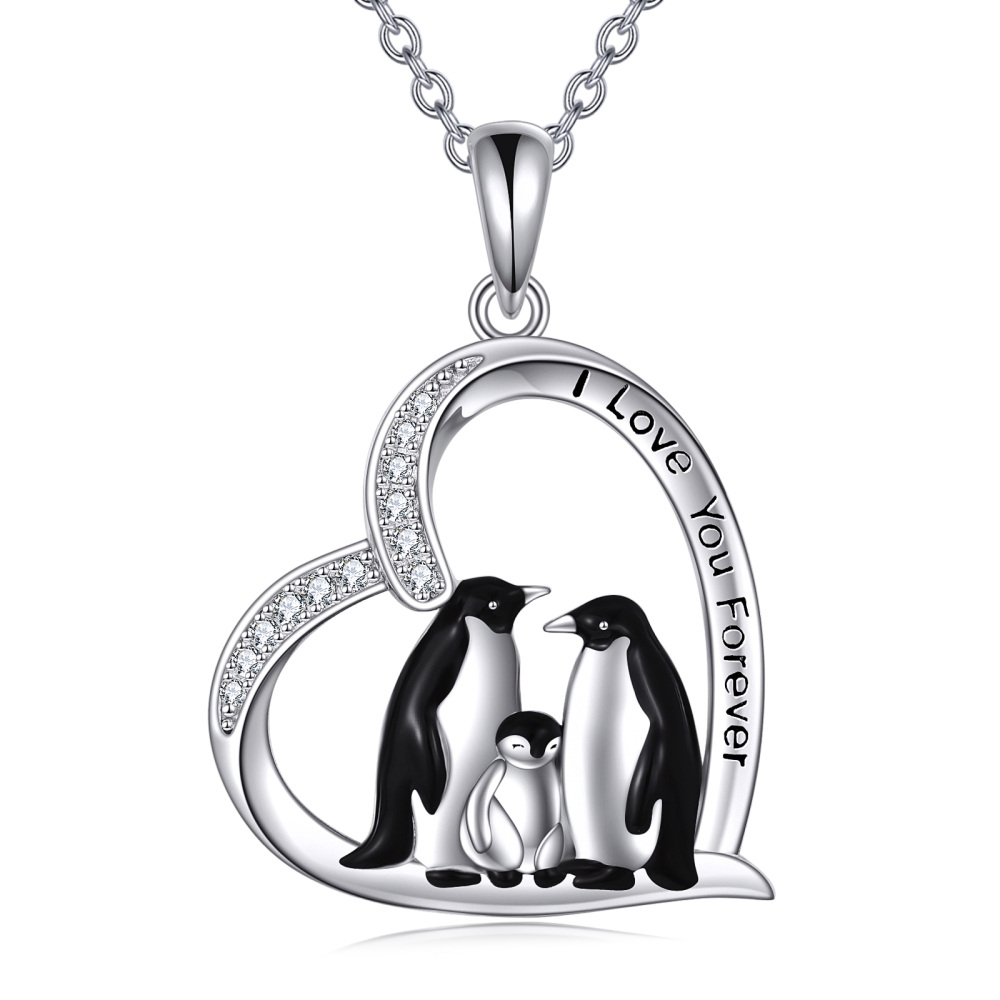 Collana con ciondolo a forma di cuore della famiglia di pinguini in argento sterling con parola incisa-1