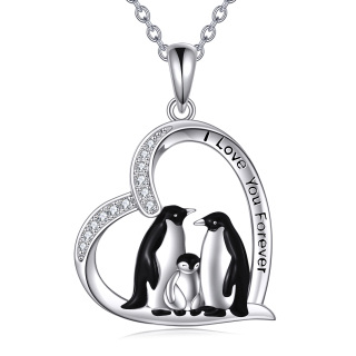 Sterling Silver Penguin Family Heart Pendant Necklace with Engraved Word-4