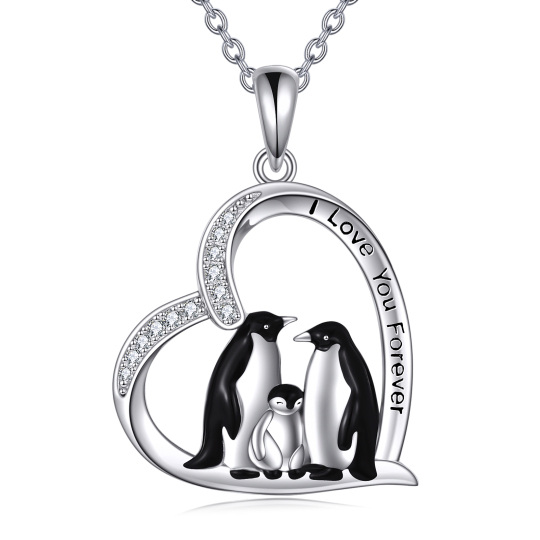 Collar de plata de ley con colgante de corazón de familia de pingüinos con palabra grabada