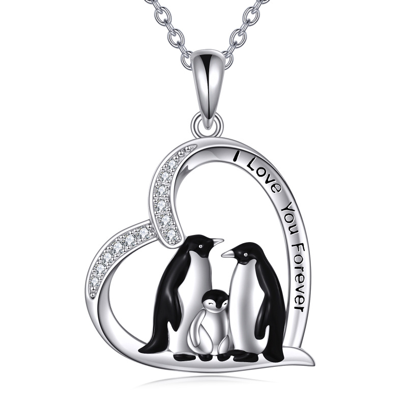 Sterling Silver Penguin Family Heart Pendant Necklace with Engraved Word-15