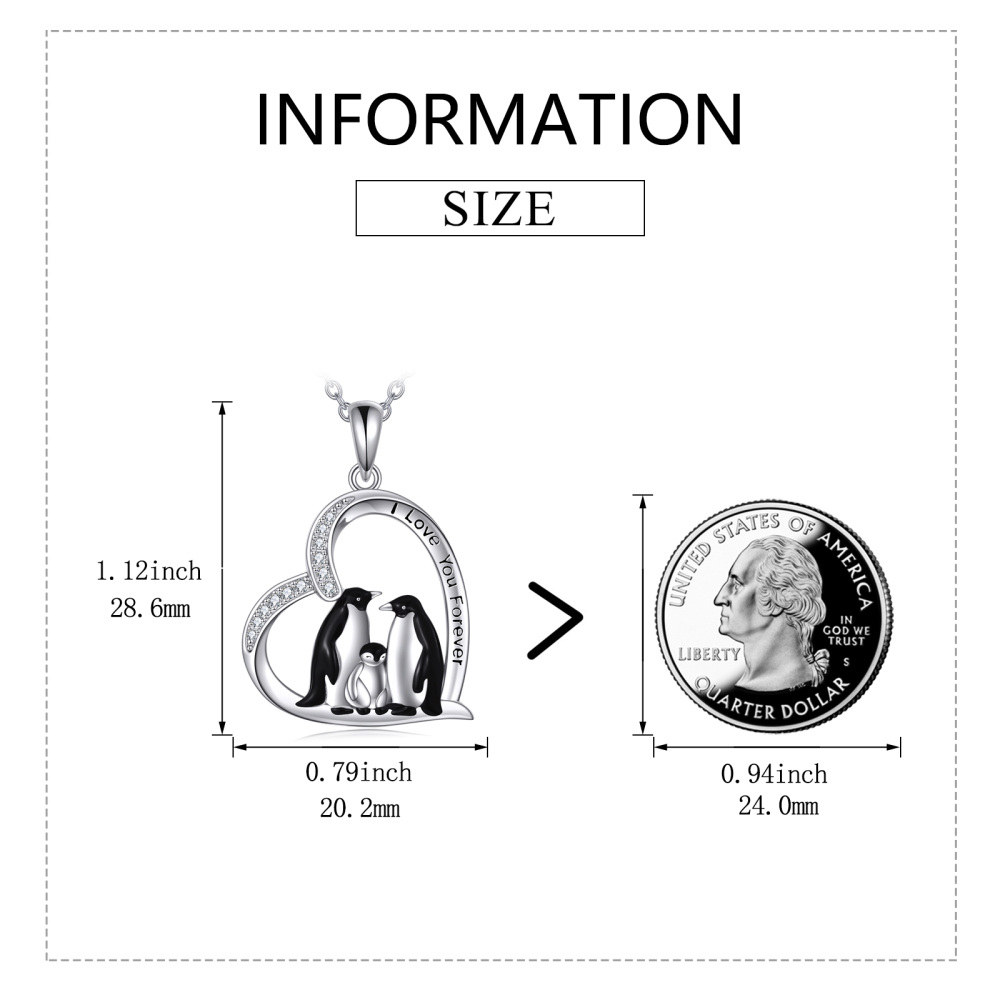 Collana con ciondolo a forma di cuore della famiglia di pinguini in argento sterling con parola incisa-5