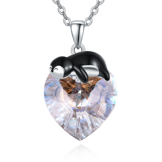 Sterling Silver Penguin & Heart Crystal Pendant Necklace-25