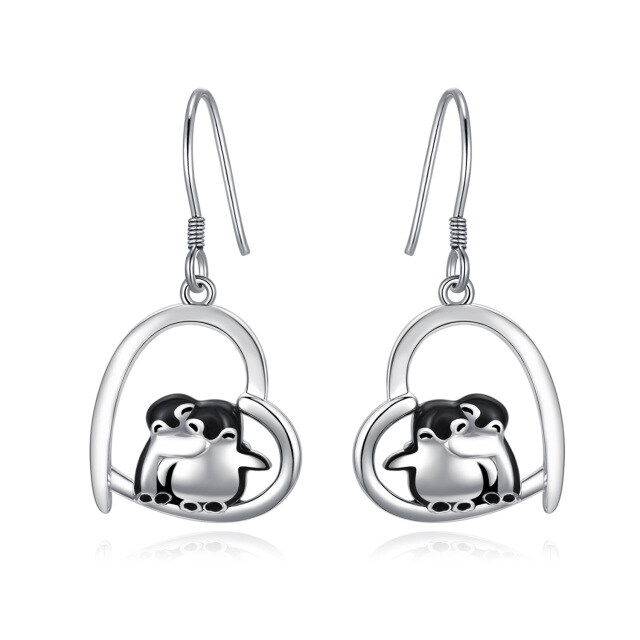 Boucles d'oreilles pendantes en argent sterling avec pingouin et cœur-1