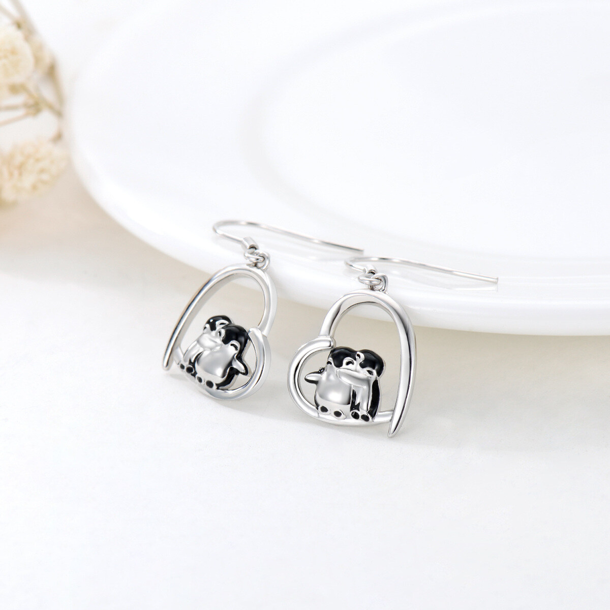 Sterling Silver Penguin & Heart Drop Earrings-3