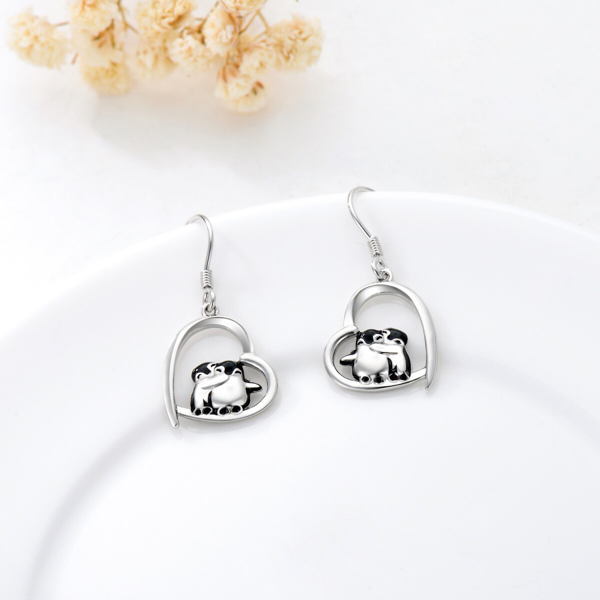 Sterling Silver Penguin & Heart Drop Earrings-4