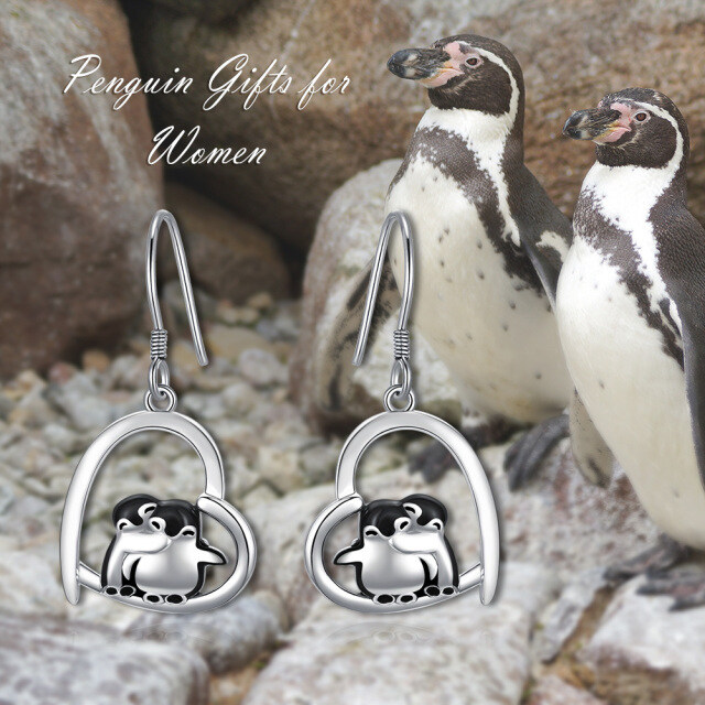 Orecchini a goccia in argento sterling con pinguino e cuore-6