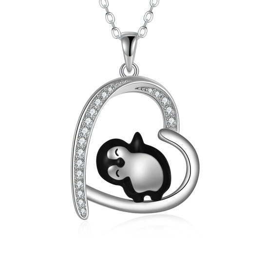 Sterling Silver Cubic Zirconia Penguin & Heart Pendant Necklace