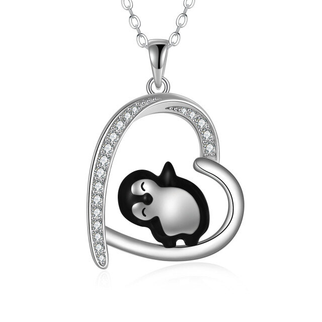 Sterling Silver Cubic Zirconia Penguin & Heart Pendant Necklace-3