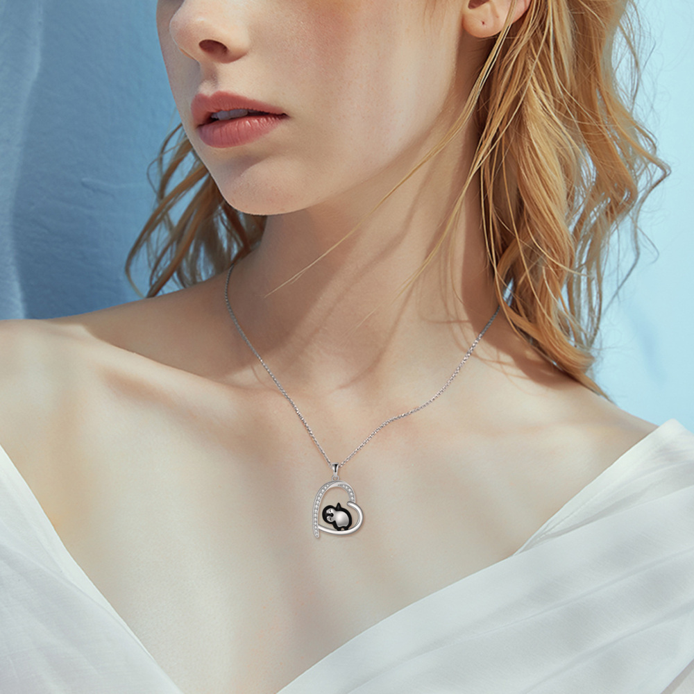 Sterling Silver Cubic Zirconia Penguin & Heart Pendant Necklace-2