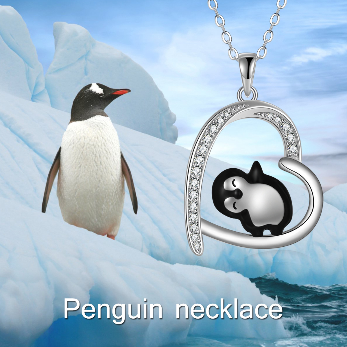 Sterling Silber Cubic Zirkonia Pinguin & Herz-Anhänger Halskette-3