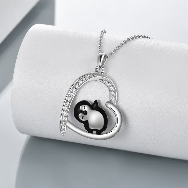 Sterling Silver Cubic Zirconia Penguin & Heart Pendant Necklace-4