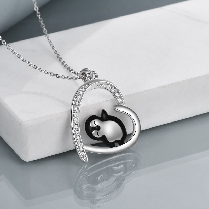 Sterling Silver Cubic Zirconia Penguin & Heart Pendant Necklace-5